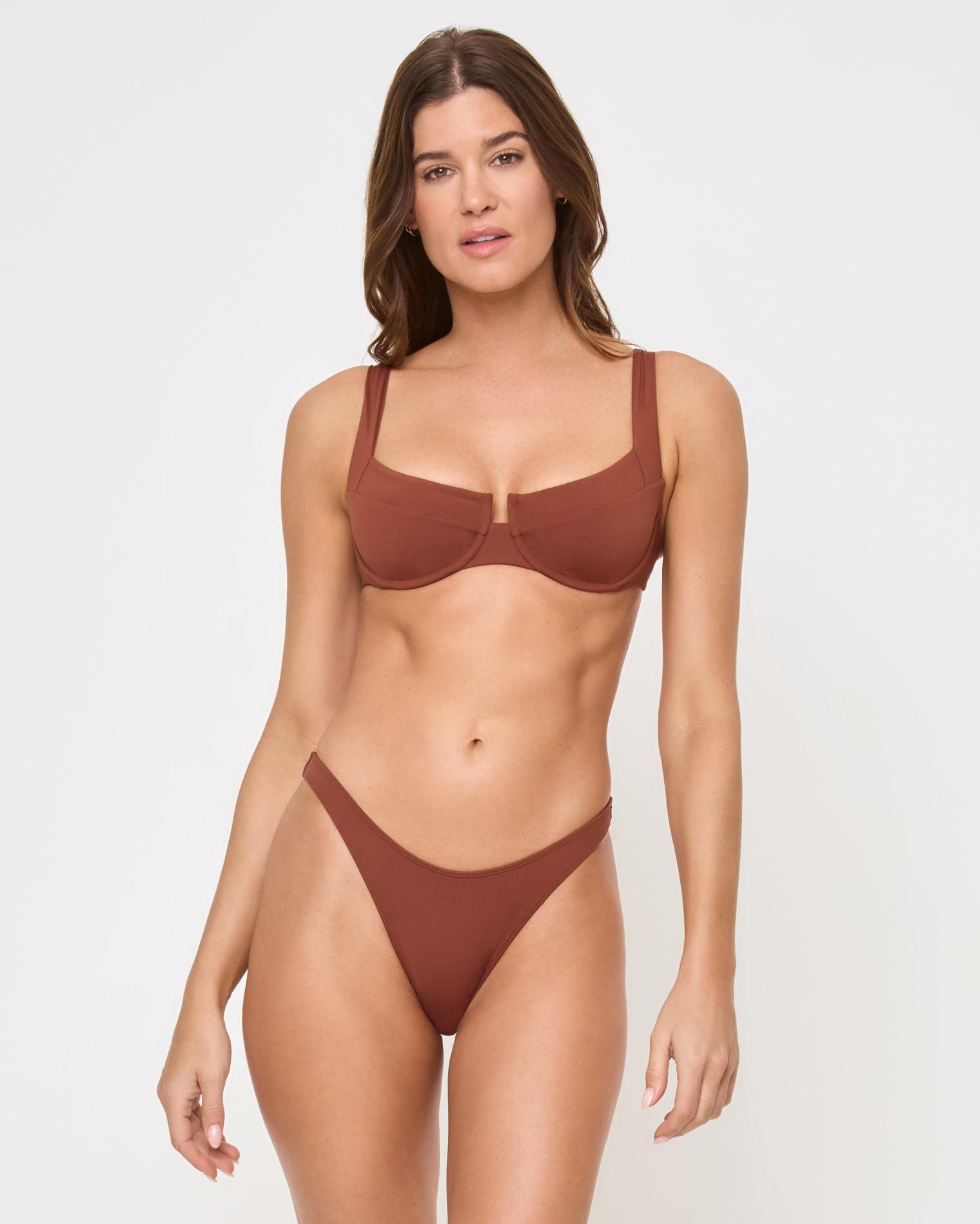 Mako Bikini Top - Tobacco front view of woman wearing a brown bikini set on a white background