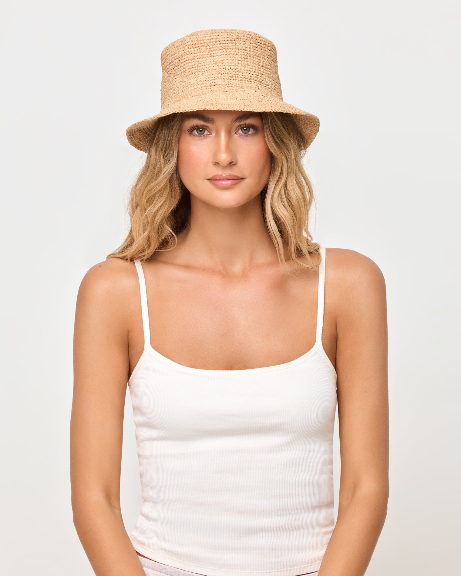 Isadora Bucket Hat - Natural-Petite LSPACE Isadora bucket hat in natural, close-up detail view on model.