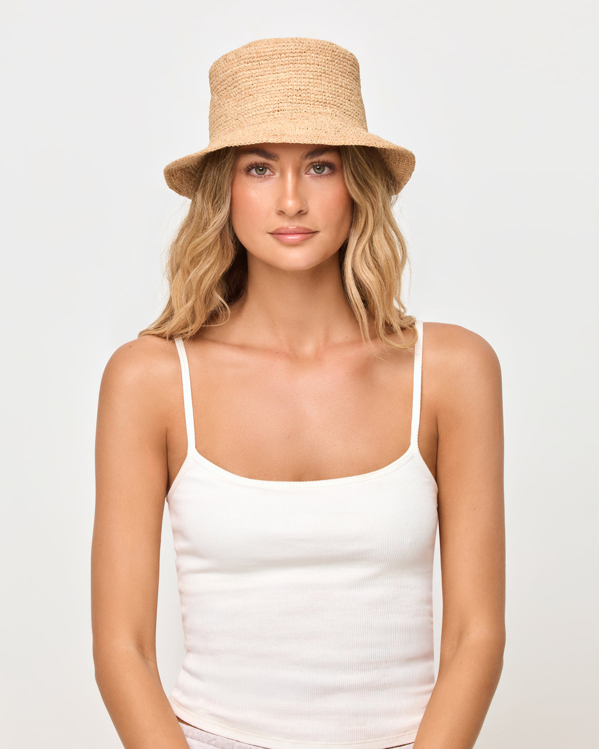 Isadora Bucket Hat - Natural-Petite LSPACE Isadora bucket hat in natural, close-up detail view on model.