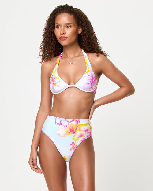 
LSPACE Soleil bikini bottom in Hibiscus And Plumeria Oh My, front view on model.