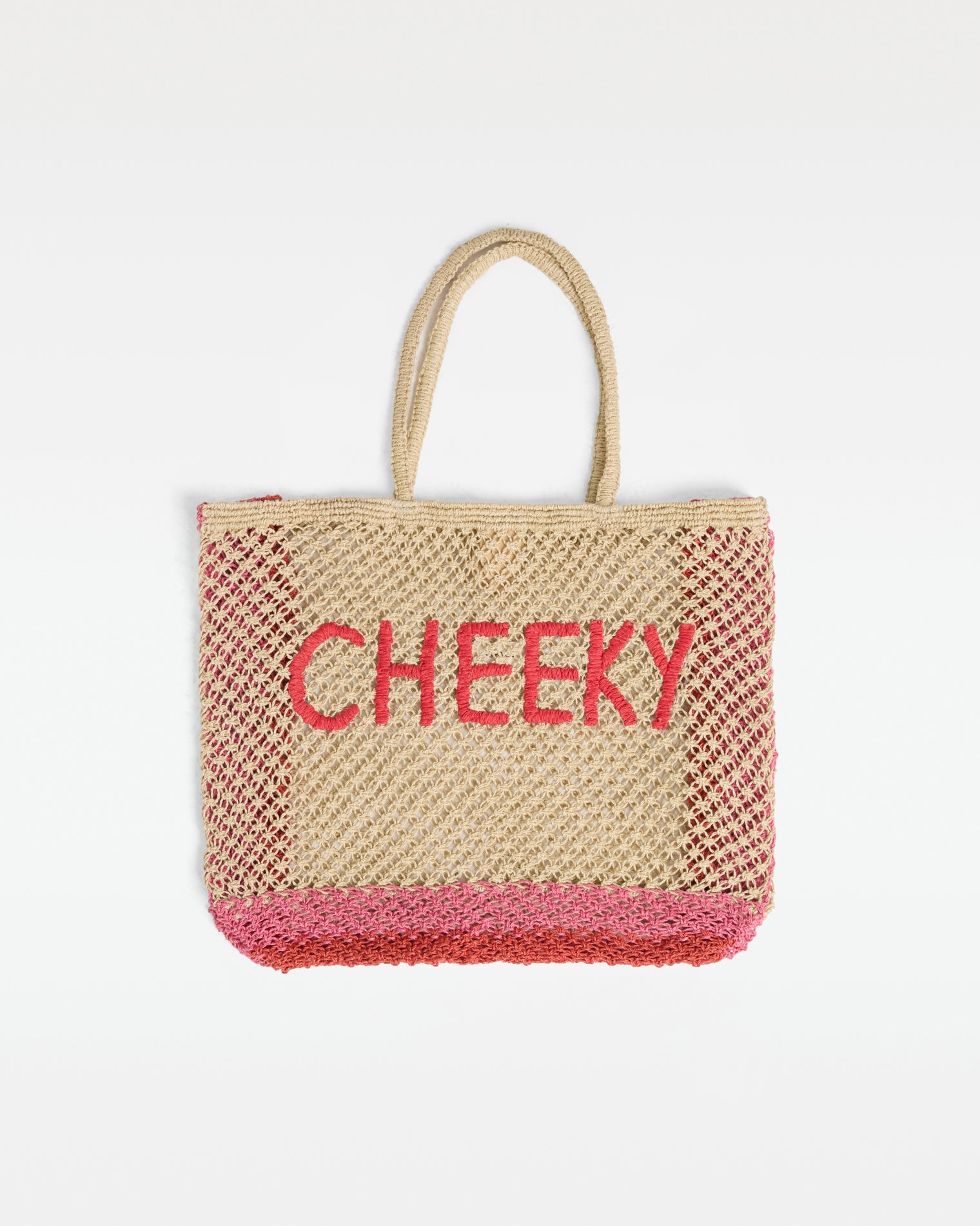 Moonlight Bag - Grapefruit-Bubblegum Off-model front view of the Moonlight Bag in grapefruit-bubblegum, a large open-weave crochet tote bag with 'Cheeky' intarsia lettering in grapefruit red on a natural ground, with grapefruit and bubblegum pink border detail, on a white background.