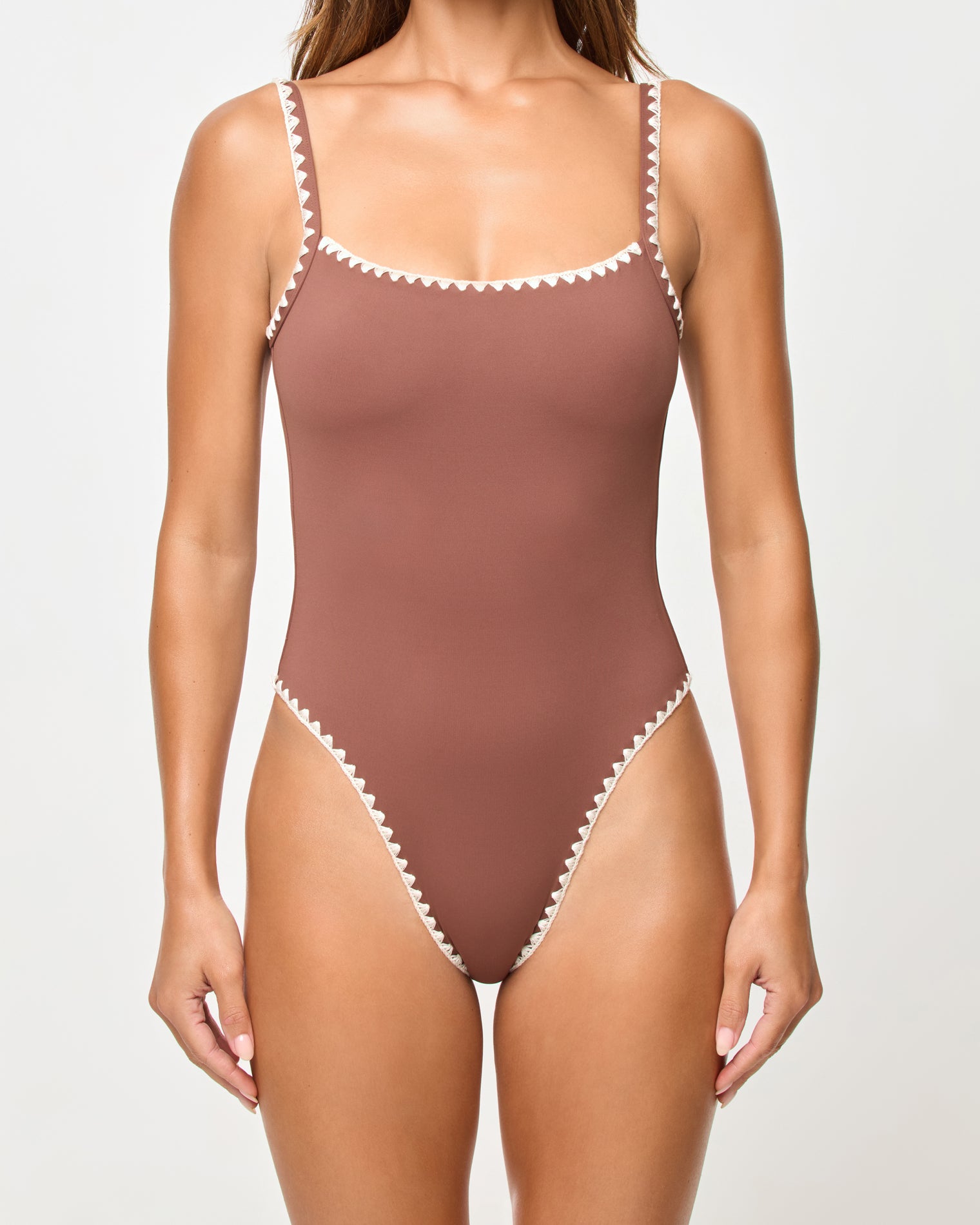 Nadia One Piece Swimsuit - Cafe-Cream LSPACE Nadia one piece swimsuit in cafe-cream, close-up front detail view on model.