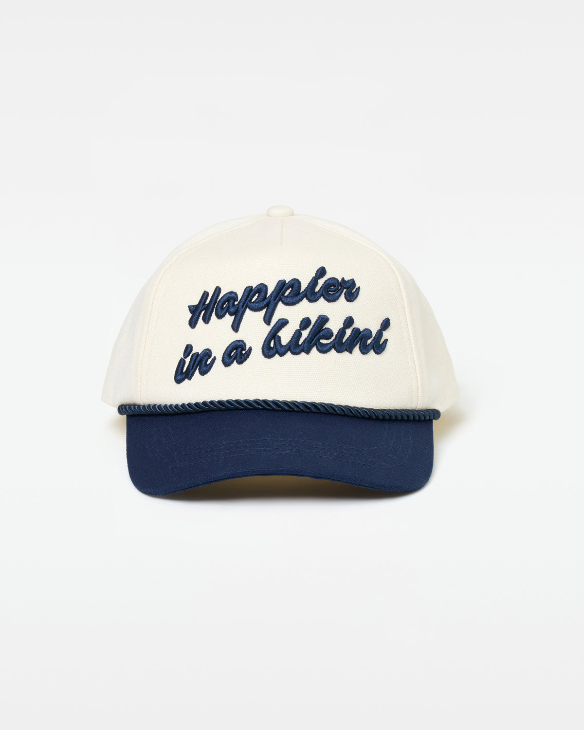 Newport Hat - Midnight Cream Off-model front view of the midnight cream Newport Hat featuring 'Happier in a bikini' embroidery on the front panel.