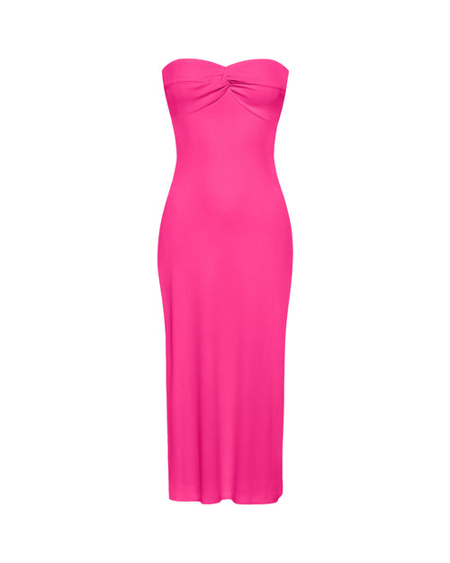 Off-model view of the LSPACE Lisette Dress in bougainvillea, displayed to show the strapless sweetheart neckline with twisted bust detail and form-fitting midi silhouette.