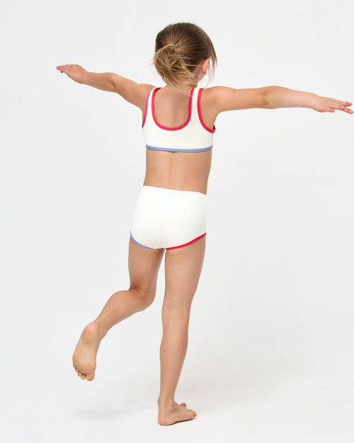 LSPACE Mini Me set in Cream-Pout-Chambray, back view on model.