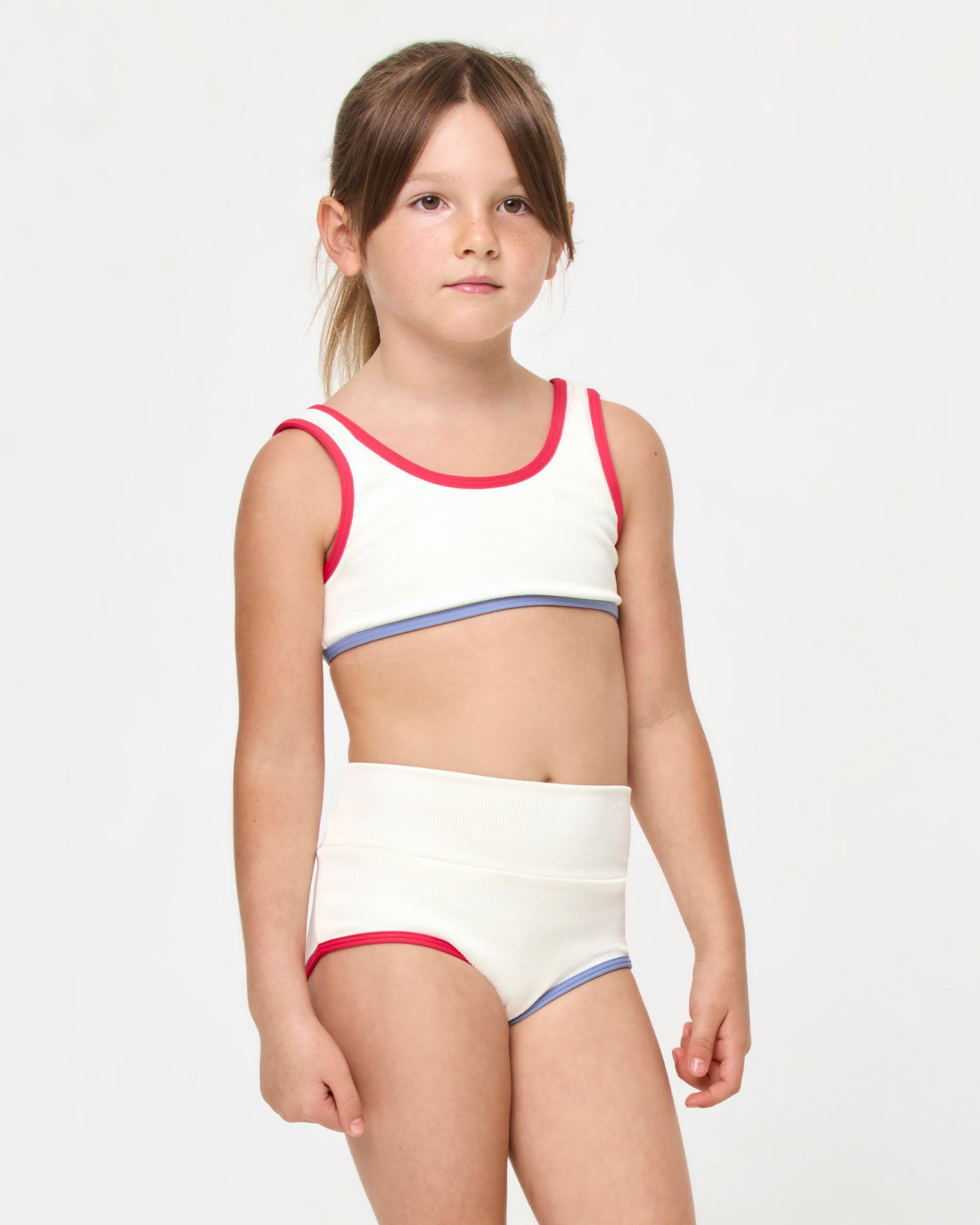 Mini Me Set - Cream-Pout-Chambray LSPACE Mini Me set in Cream-Pout-Chambray, front view on model.