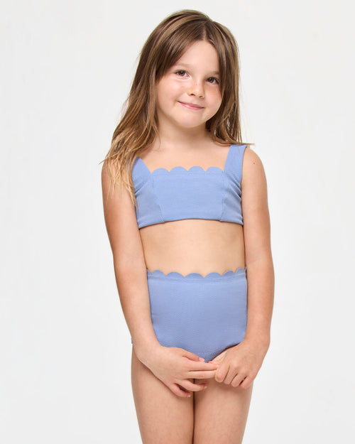 LSPACE Seashell Swirl set in chambray, front view on model.