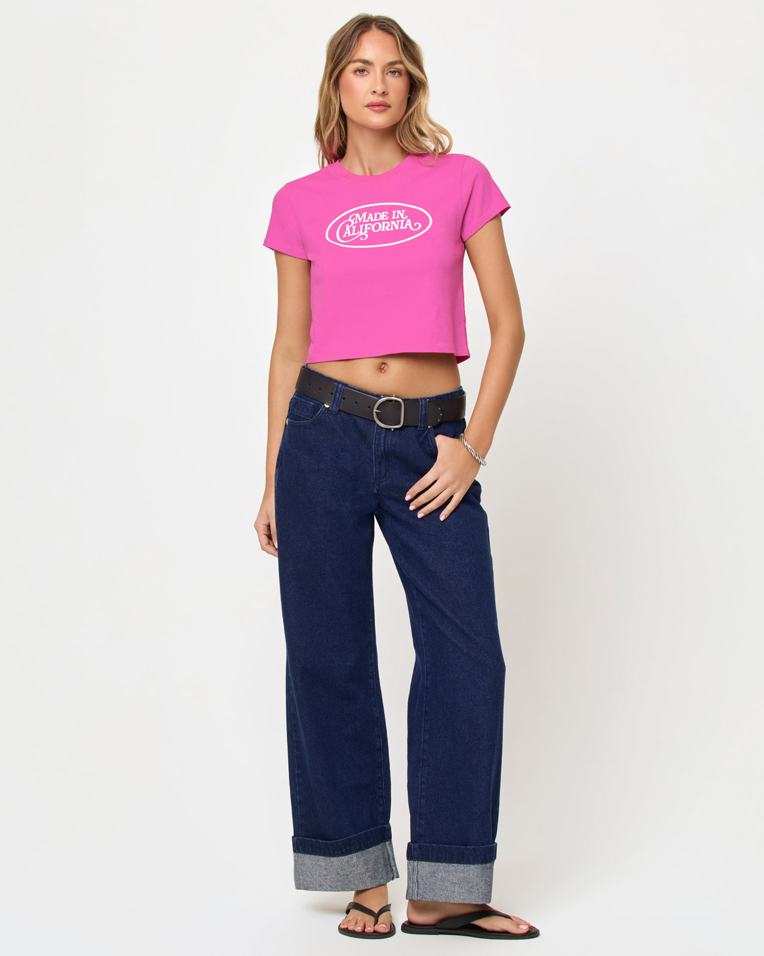 Merci Baby Tee - Made In California Sweetheart Full front view of model wearing the Merci Baby Tee in Sweetheart Made in California.