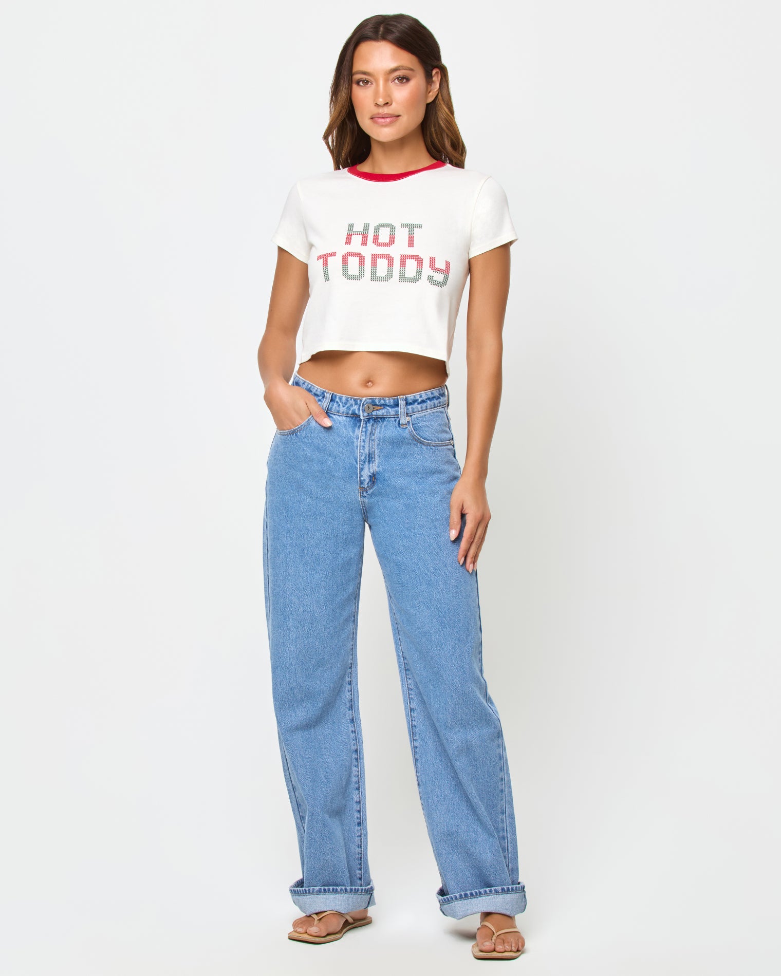 Merci Baby Tee - Hot Toddy LSPACE Merci baby tee in Hot Toddy print, front view on model.