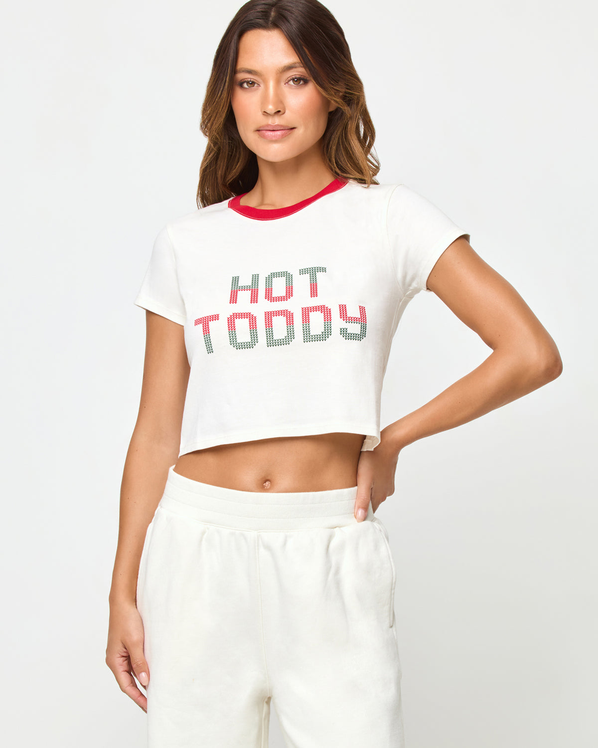 Merci Baby Tee - Hot Toddy LSPACE Merci baby tee in Hot Toddy print, front view on model.