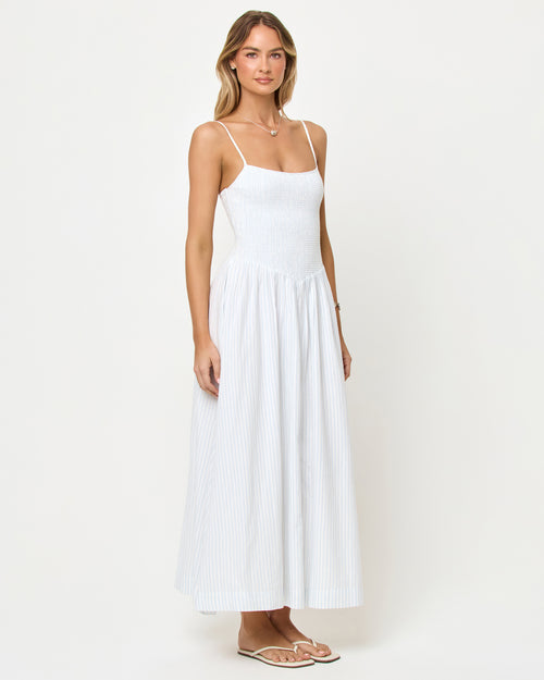 LSPACE Misha midi in Pebble Blue Stripe, front view on model.