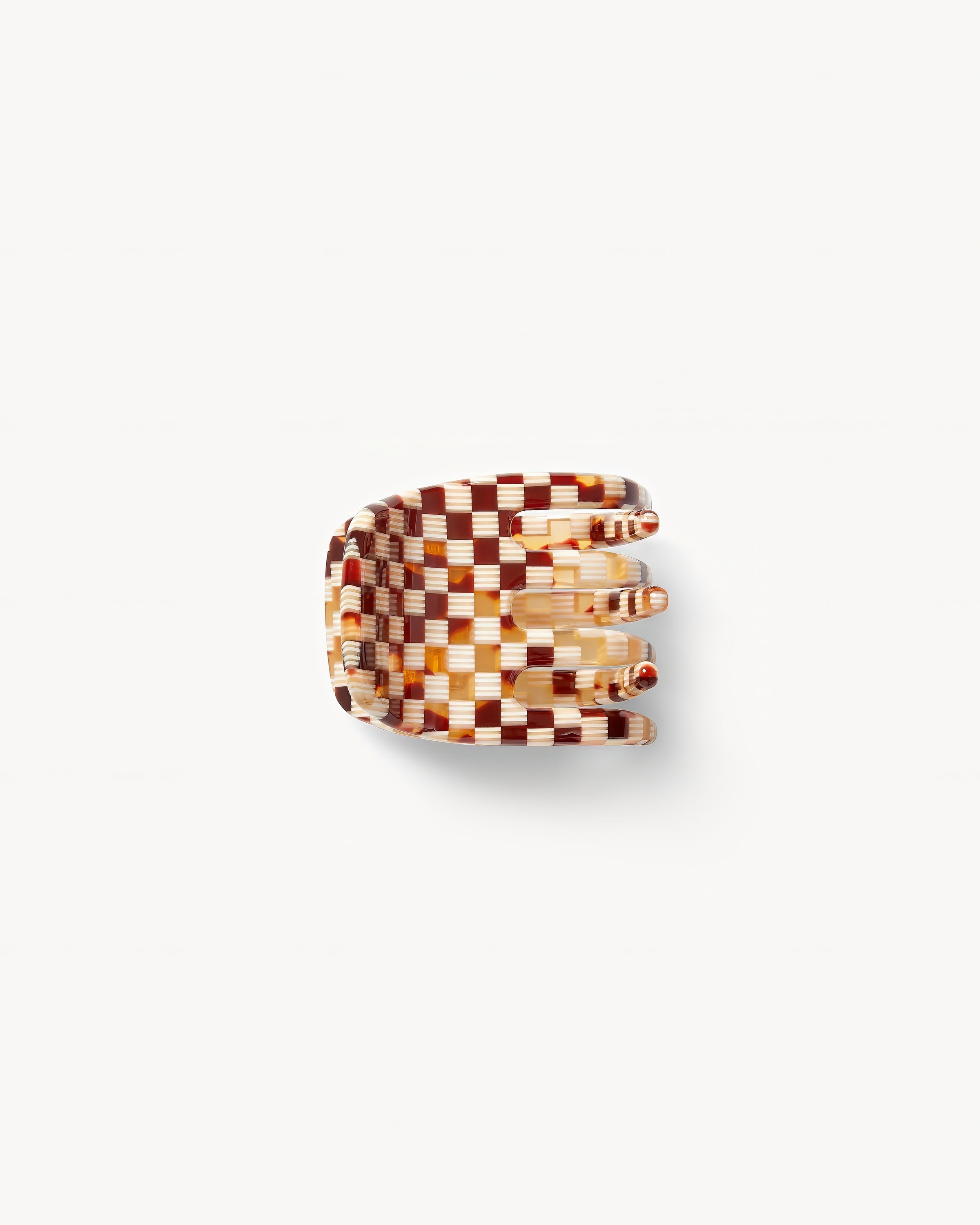 Machete Mini Claw - Tortoise Checker Off-model top-down view of the Machete Mini Claw in tortoise checker showing the teeth and tortoise and cream checkerboard acetate pattern.