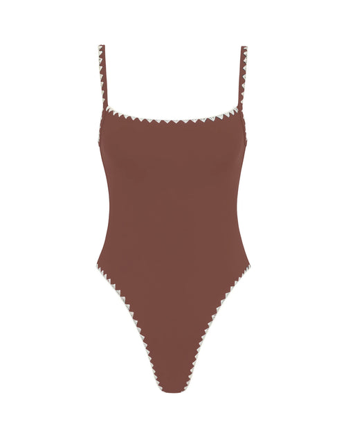 LSPACE Nadia one piece swimsuit in cafe-cream, off-model flat lay.