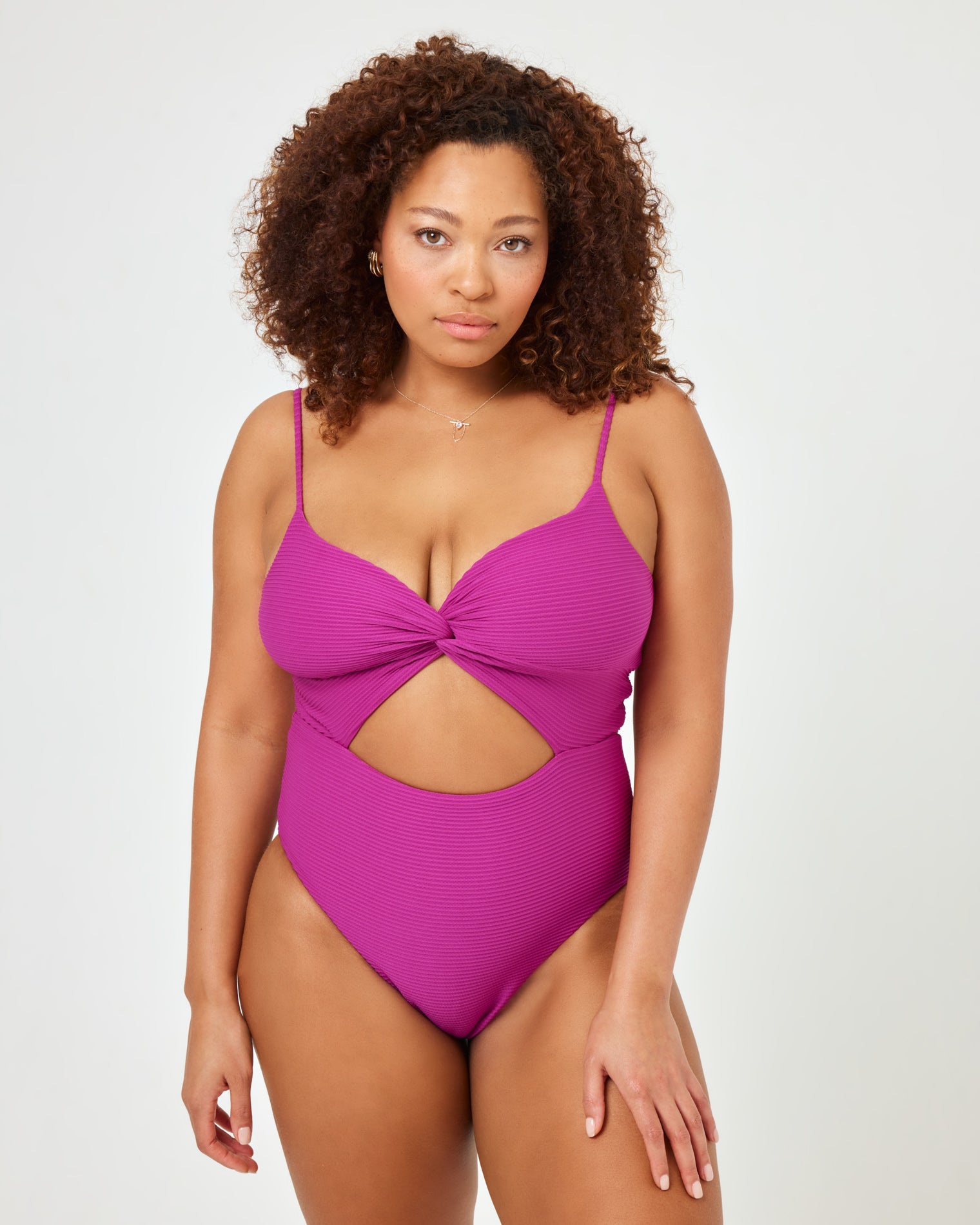 Eco Chic Repreve® Kyslee One Piece Swimsuit - Berry Berry | Model: Amber (size: XL) Badge:Eco Chic_#B2AC88_#ffffff