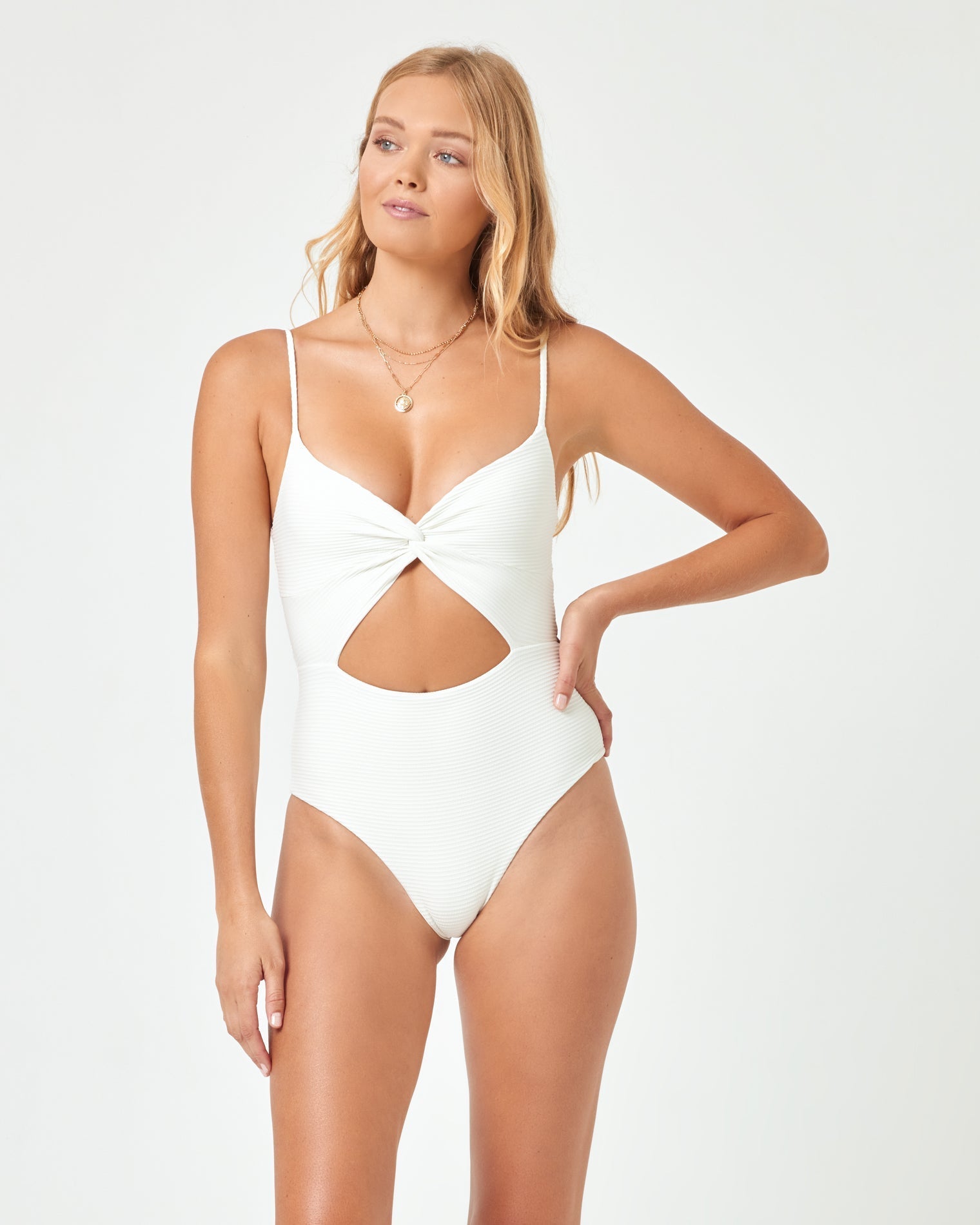Eco Chic Repreve® Kyslee One Piece Swimsuit - Cream Cream | Model: Charlie (size: S) | Hover