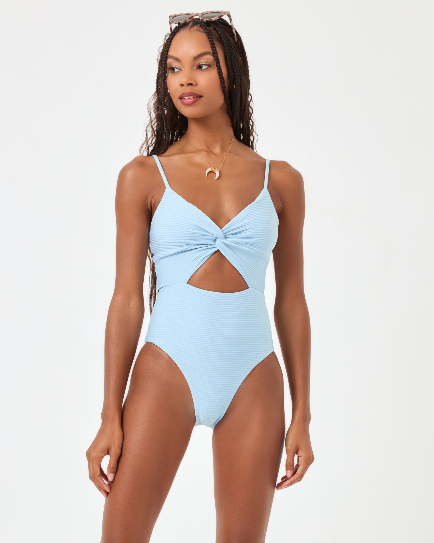 Eco Chic Repreve® Kyslee One Piece Swimsuit - Sky Blue Sky Blue | Model: Taelor (size: S) | Hover