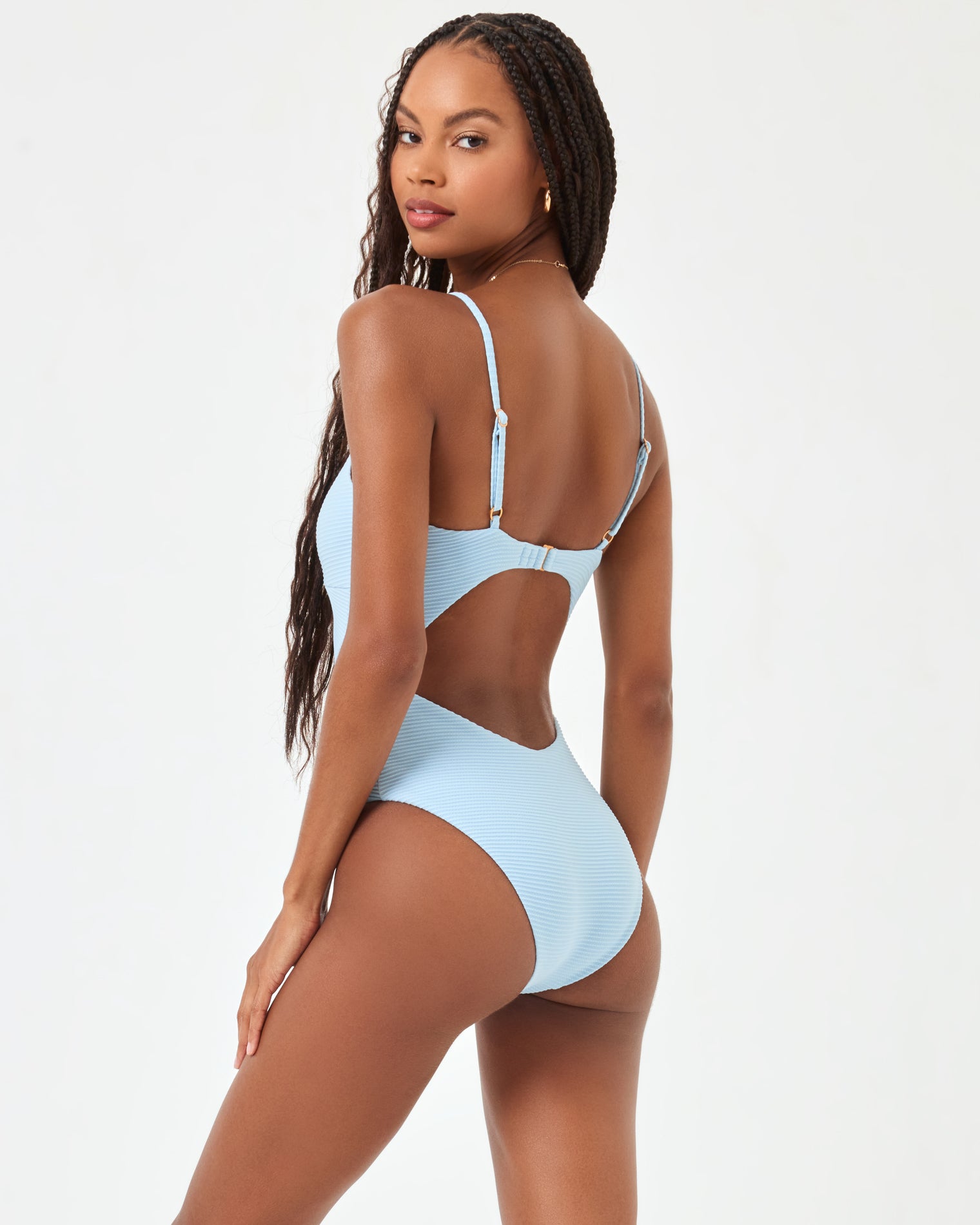 Eco Chic Repreve® Kyslee One Piece Swimsuit - Sky Blue Sky Blue | Model: Taelor (size: S) Badge:Eco Chic_#B2AC88_#ffffff