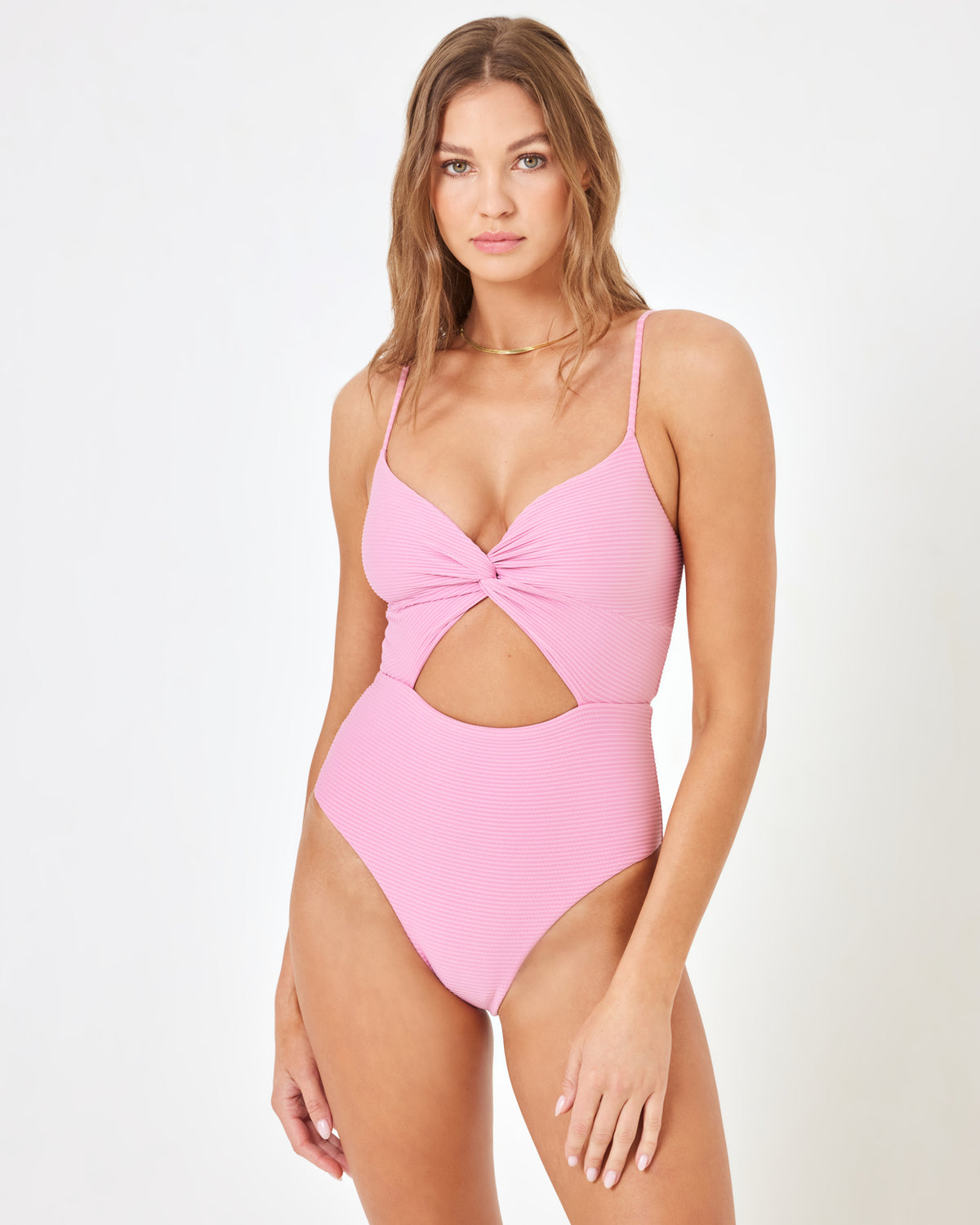 LSPACE X Anthropologie Kyslee One Piece Swimsuit - Pink Lady Pink Lady | Model: Daria (size: S) | Hover