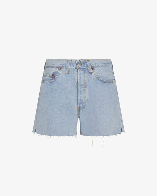 LSPACE aligrace off duty short in blue, off-model flat lay, front view.