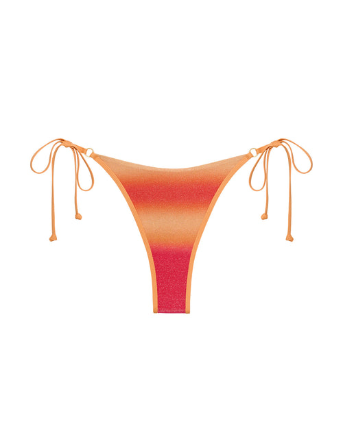Off-model image of the LSPACE Ocaso Banning Bikini Bottom with ombre sunset print and side tie strings.