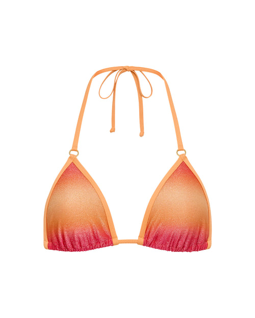 Off-model flat lay of the LSPACE Ocaso Banning Bikini Top and Banning Bikini Bottom with ombre sunset print.