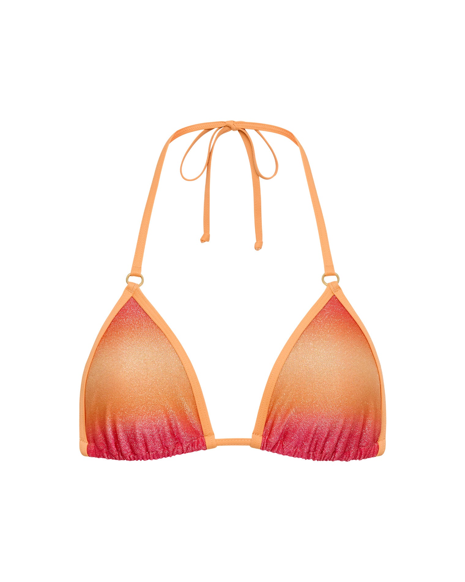 Banning Bikini Top - Ocaso Off-model flat lay of the LSPACE Ocaso Banning Bikini Top and Banning Bikini Bottom with ombre sunset print.