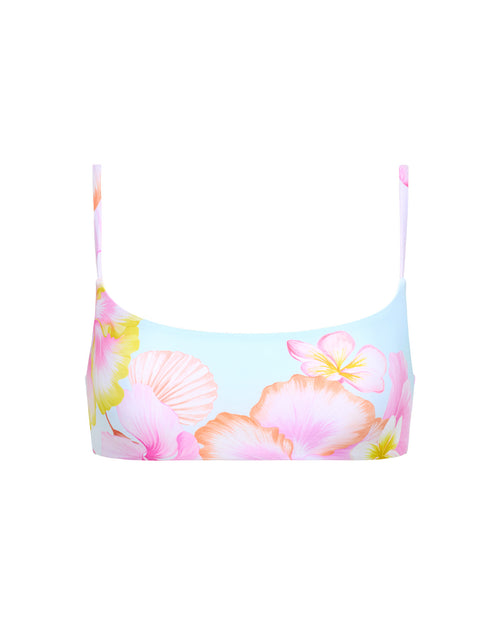 LSPACE Presley bikini top in Hibiscus And Plumeria Oh My print, off-model flat lay.