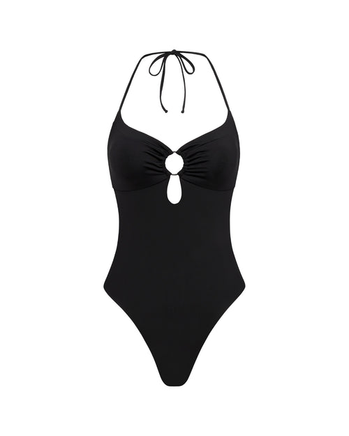 Off-model front view of the LSPACE Black Juno One Piece Swimsuit.