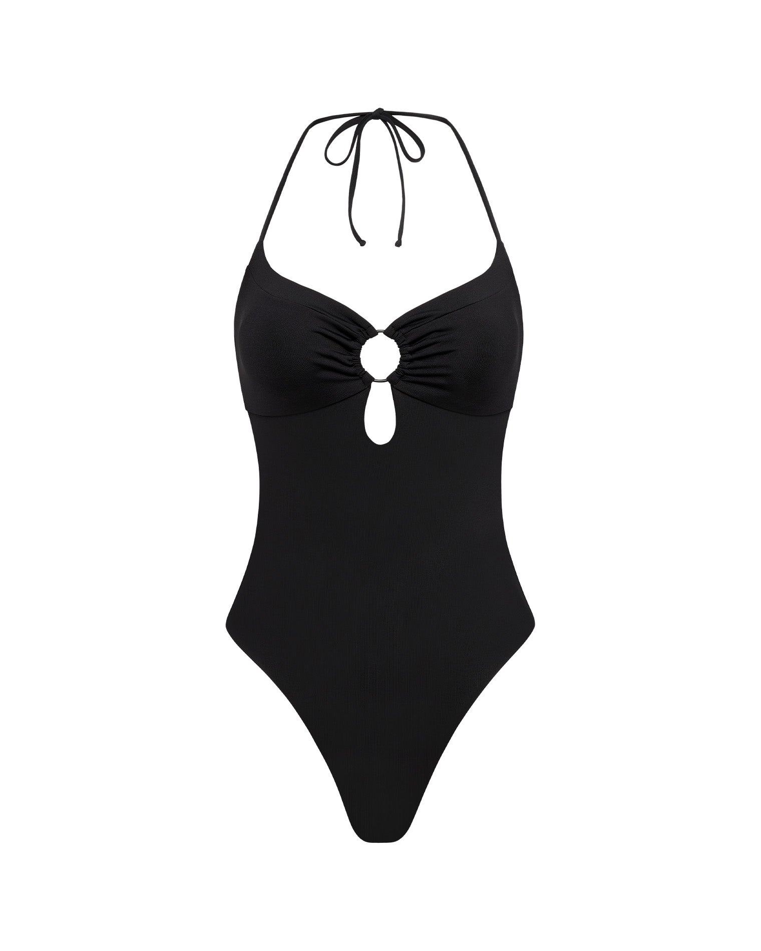 Juno One Piece Swimsuit - Black Black one-piece swimsuit with a unique design on a white background