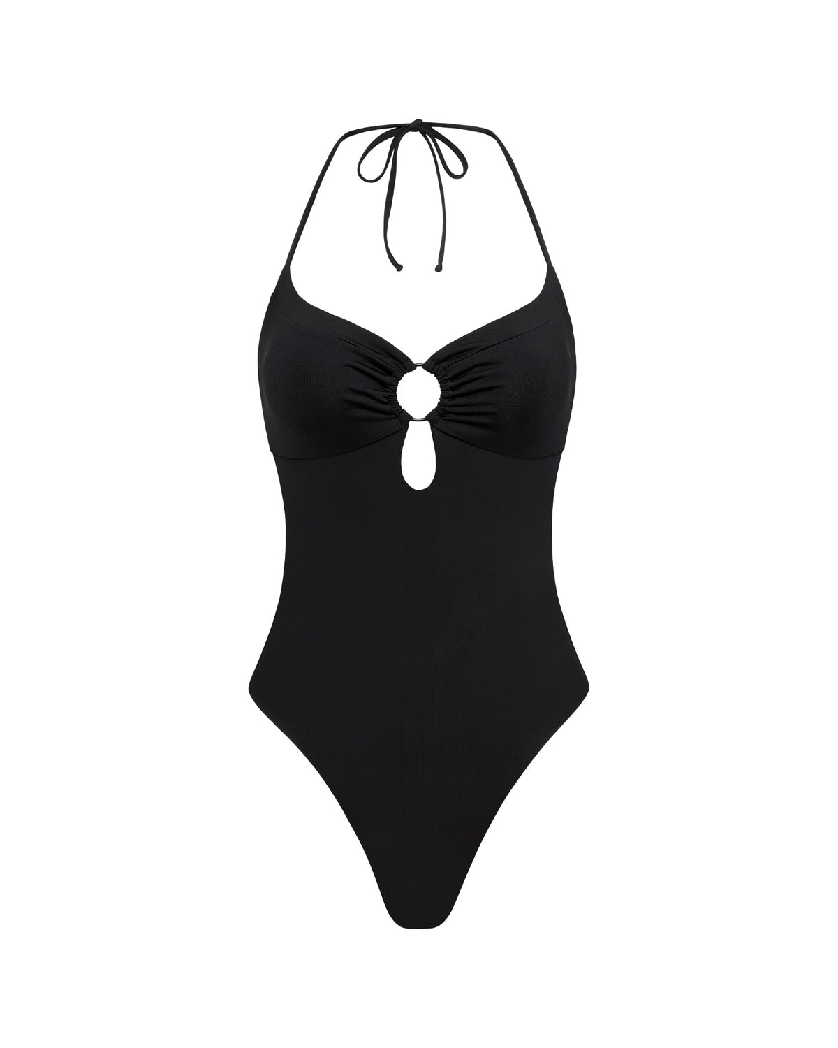 Juno One Piece Swimsuit - Black Black one-piece swimsuit with a unique design on a white background
