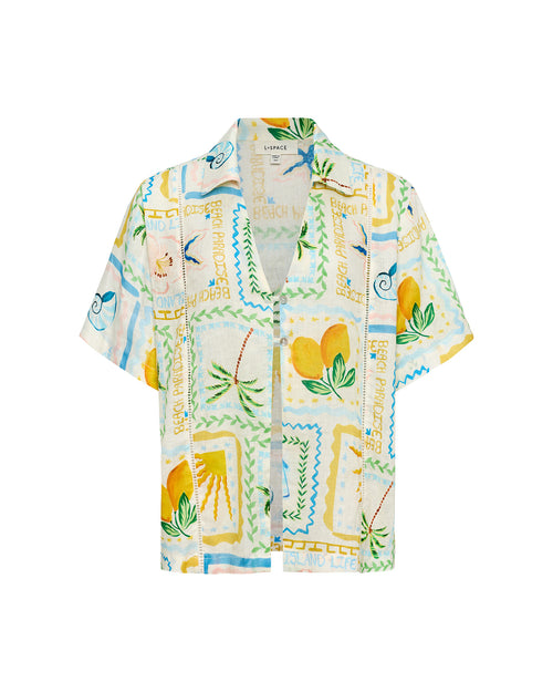 LSPACE La Mer shirt in Wish You Were Here print, off-model flat lay.