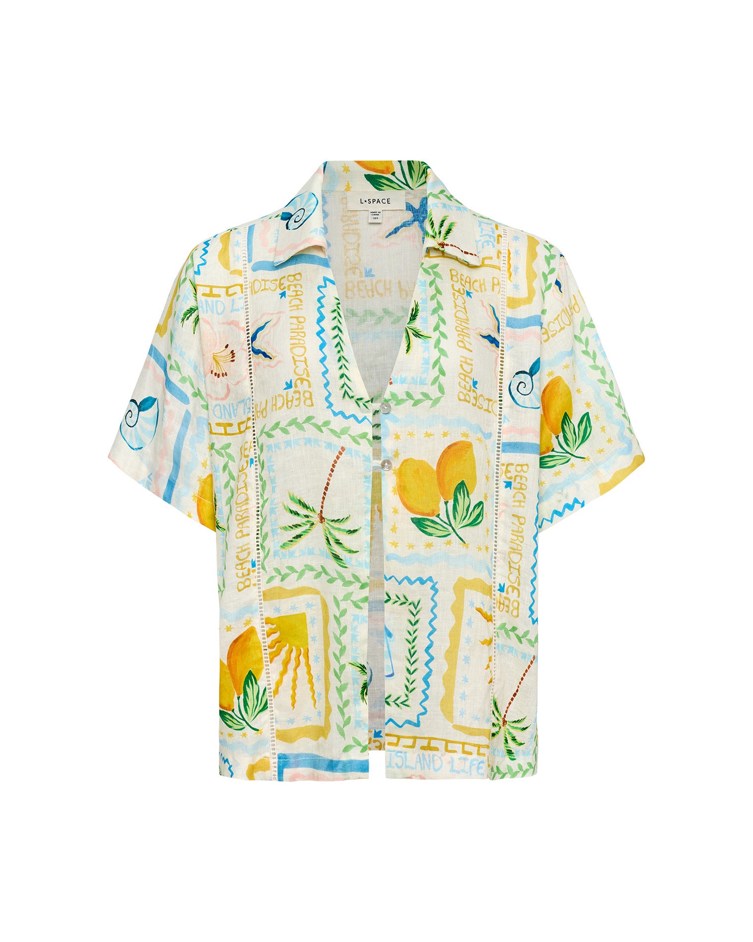La Mer Shirt - Wish You Were Here LSPACE La Mer shirt in Wish You Were Here print, off-model flat lay.