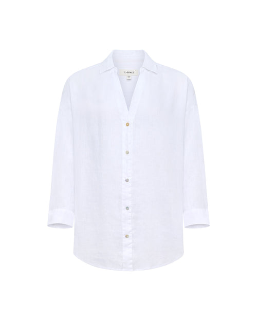 Off-model flat lay of the LSPACE Rio Tunic in white linen with a button-front placket.