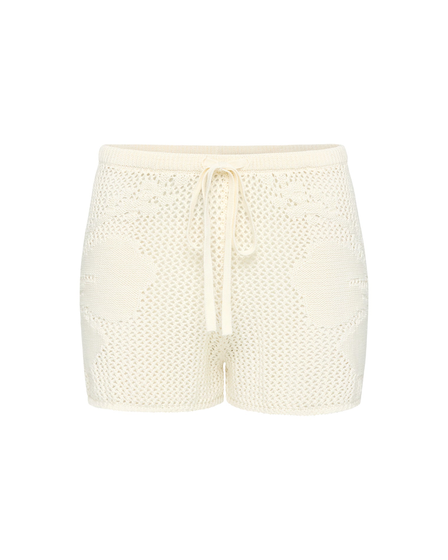 Island Time Short - Cream Off-model view of the LSPACE Island Time Short in Cream, an open-knit crochet short with a floral motif and drawstring waist.