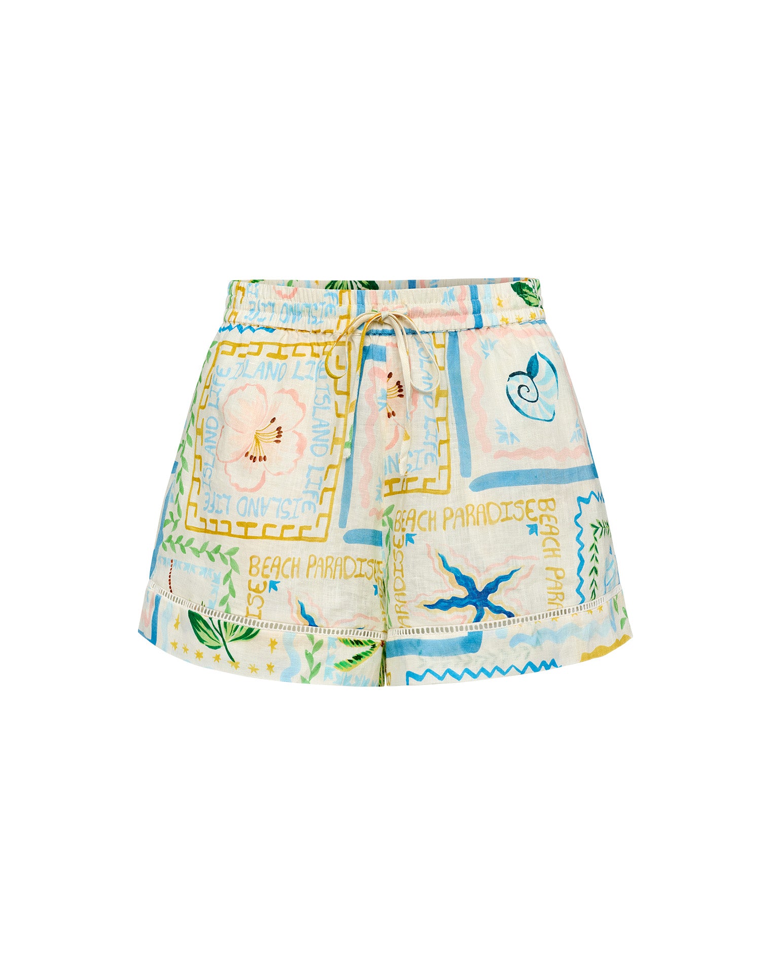 La Mer Short - Wish You Were Here LSPACE La Mer Short in Wish You Were Here print, off-model flat lay.