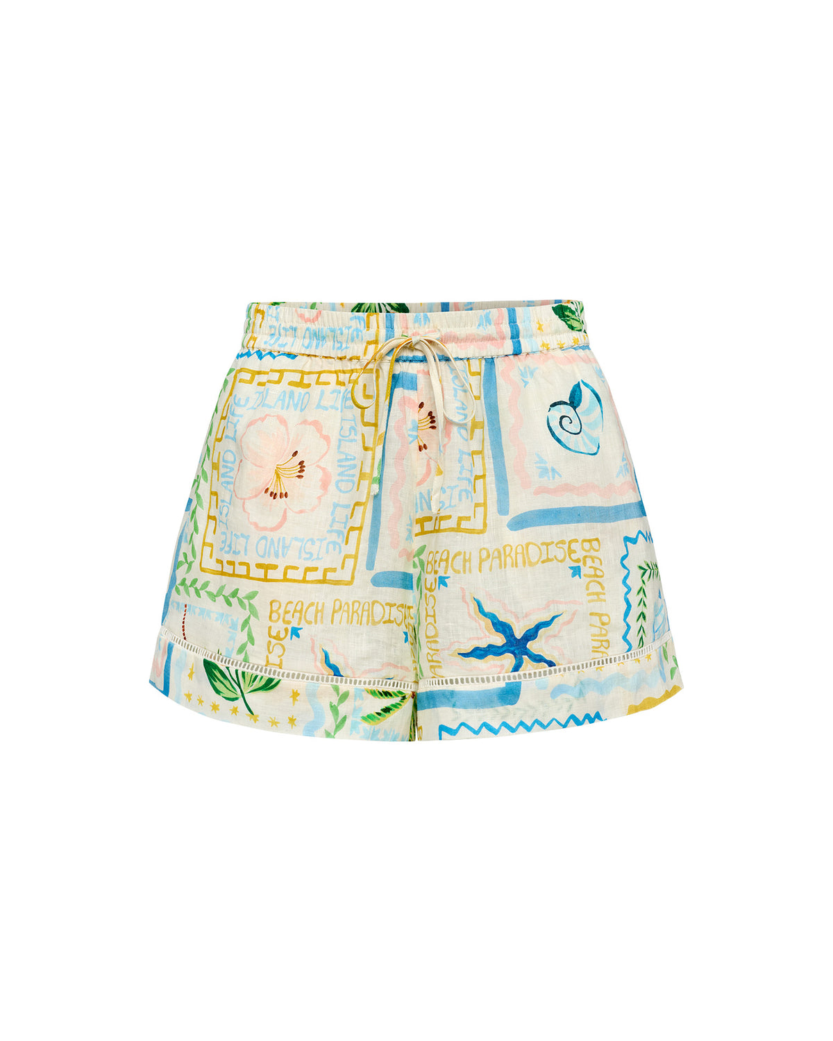 La Mer Short - Wish You Were Here LSPACE La Mer Short in Wish You Were Here print, off-model flat lay.