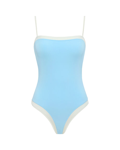 LSPACE Tess one piece swimsuit in Sky Blue Cream, off-model flat lay.