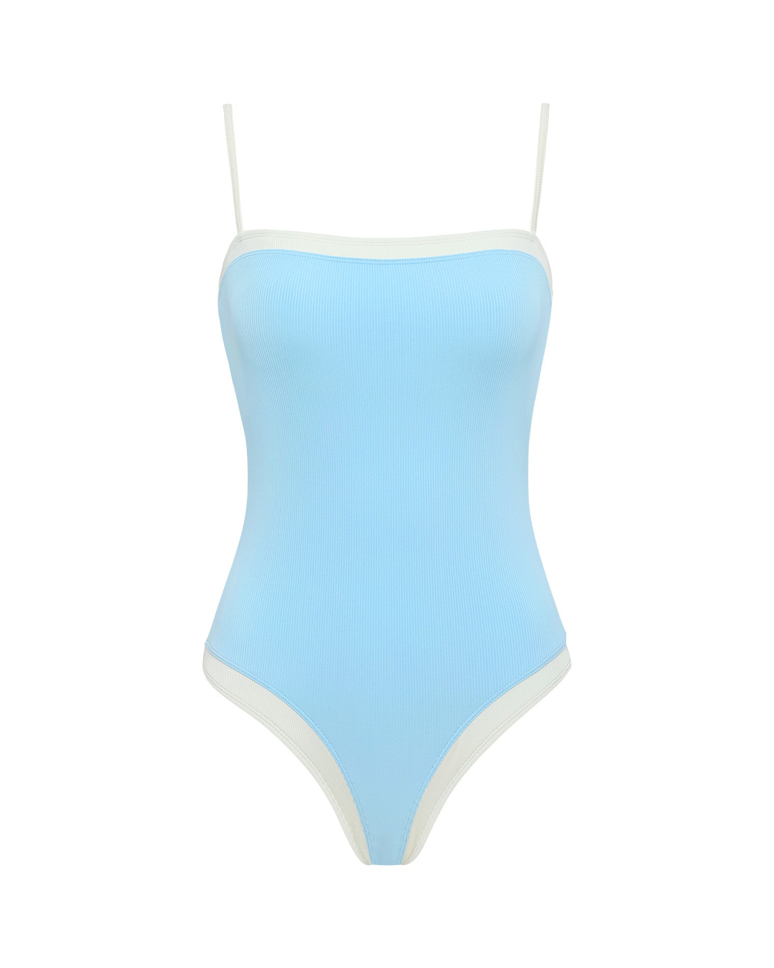 Tess One Piece Swimsuit - Sky Blue Cream LSPACE Tess one piece swimsuit in Sky Blue Cream, off-model flat lay.