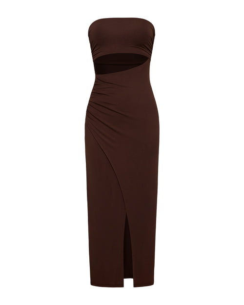 Off-model image of the LSPACE x The Salty Blonde Corsica Dress in espresso