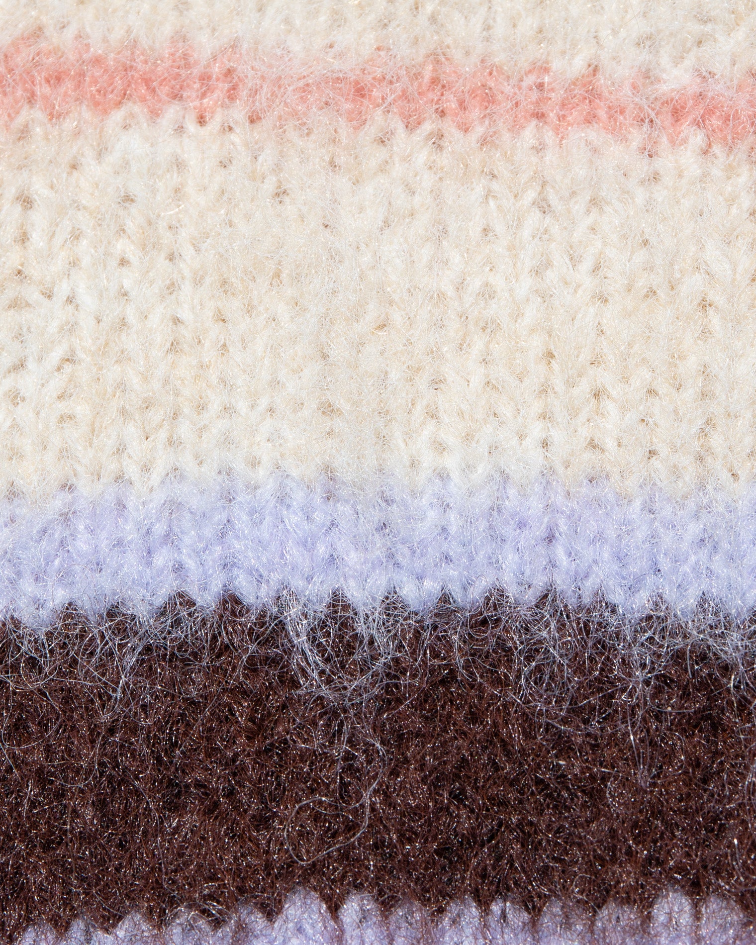 Montauk Cardigan - Prep School Stripe Close-up of the LSPACE Montauk Cardigan in prep school stripe, highlighting the soft eyelash knit texture with horizontal stripes in cream, pink, lavender, and dark brown.
