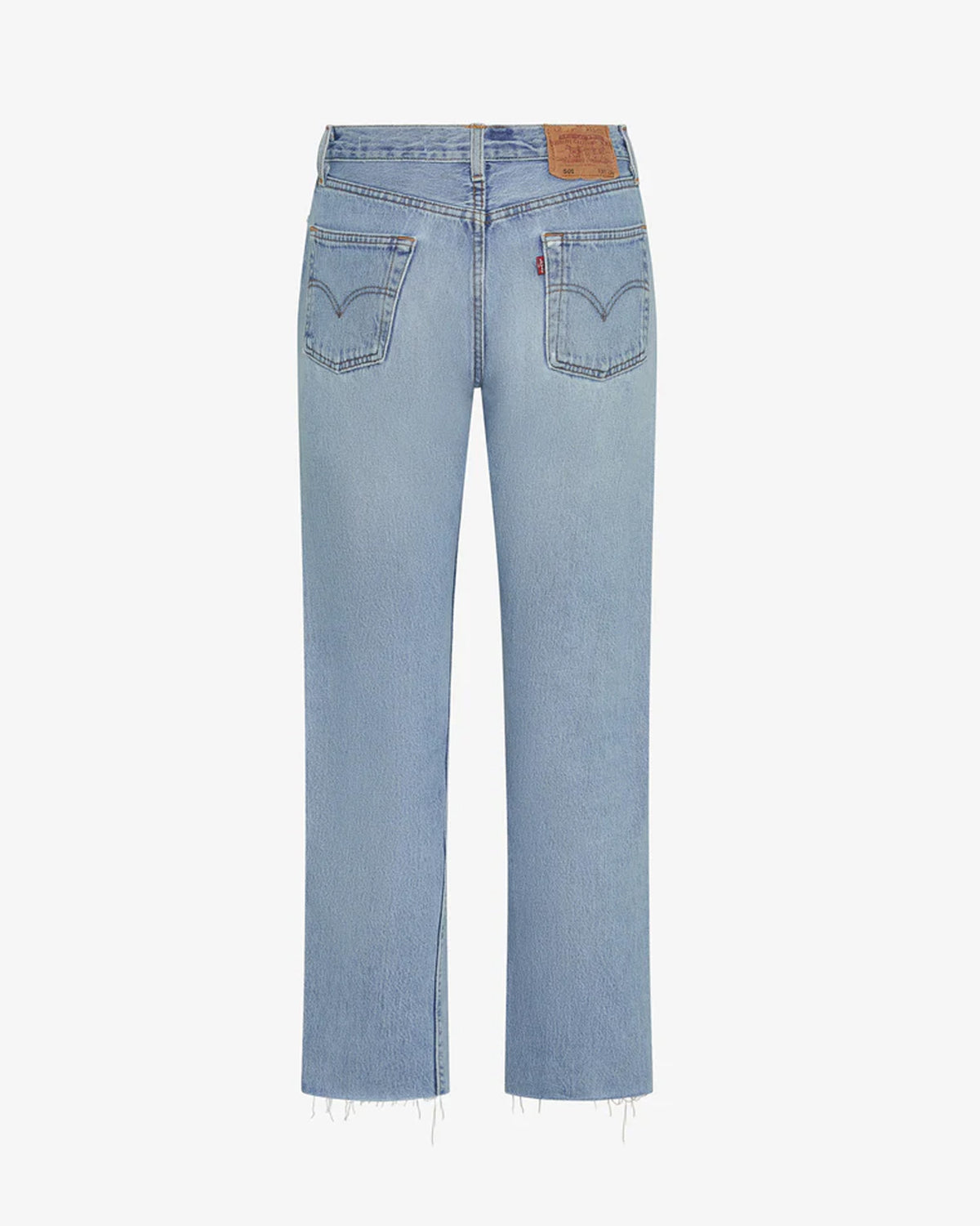 aligrace Relaxed Raw Jean Back off-model view of the aligrace Relaxed Raw Jean in light wash, showing the classic back pockets, brand label, and raw unfinished hem.