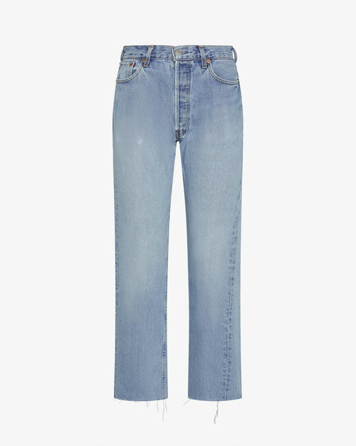 Off-model view of the aligrace Relaxed Raw Jean in light wash, showing a relaxed straight-leg denim jean with a raw unfinished hem.