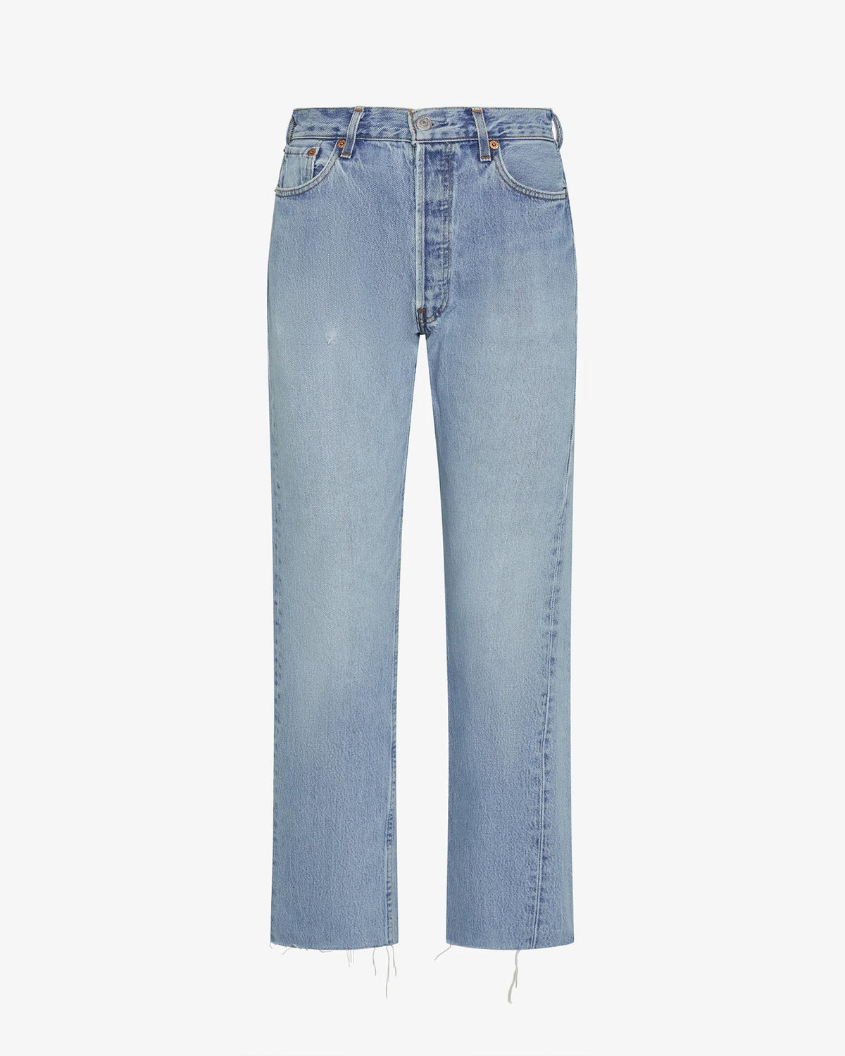 aligrace Relaxed Raw Jean Off-model view of the aligrace Relaxed Raw Jean in light wash, showing a relaxed straight-leg denim jean with a raw unfinished hem.