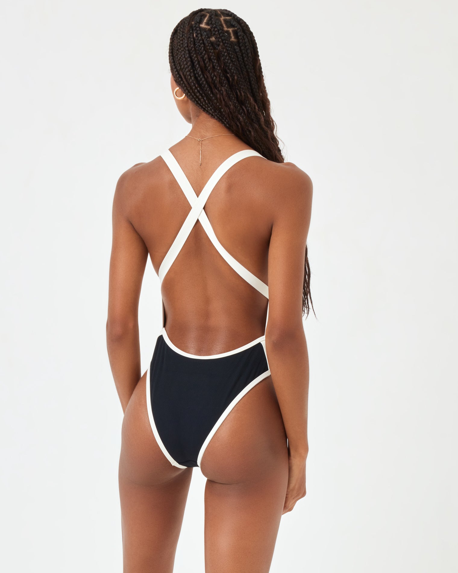 Ribbed Baewatch One Piece Swimsuit - Black-Cream Black | Model: Taelor (size: S)