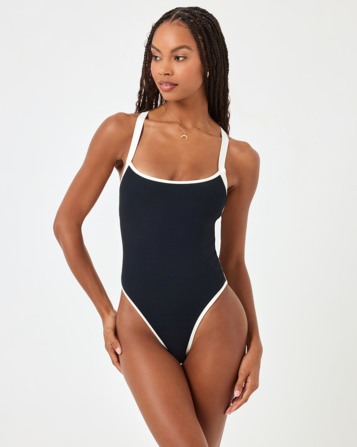 Ribbed Baewatch One Piece Swimsuit - Black-Cream Black-Cream | Model: Taelor (size: S) | Hover