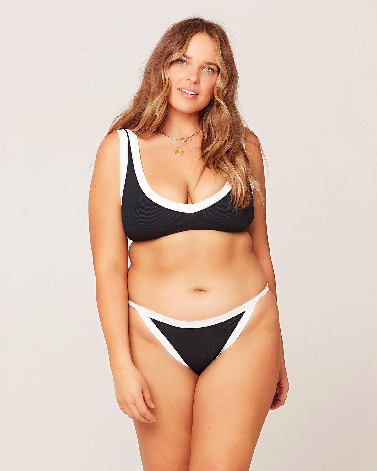 Ribbed Lala Bikini Top - Black White Black White | Model: Ali (size: XL)