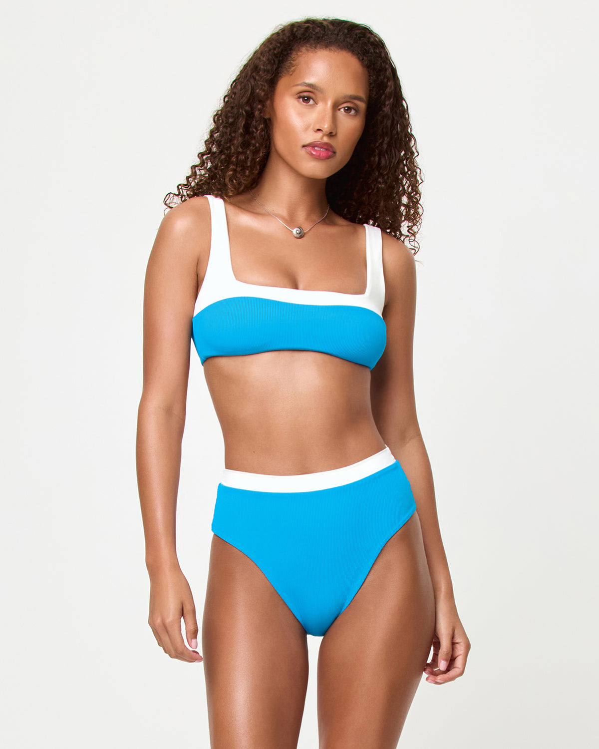 Misha Bikini Bottom - Electric Blue Cream Electric Blue Cream | Badge:New Arrival_#B2AC88_#ffffff'
LSPACE Zuri Bikini Top and Misha Bikini Bottom in electric blue cream, front view on model.