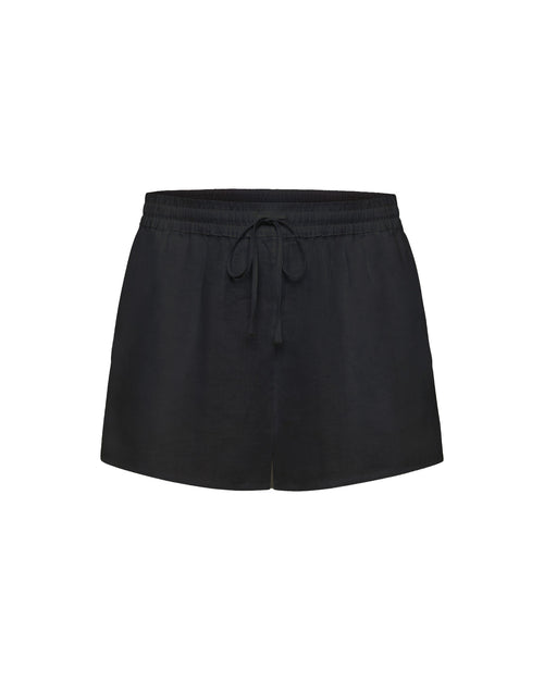 Off-model flat lay of the LSPACE Rio Short in black linen with a drawstring waist.