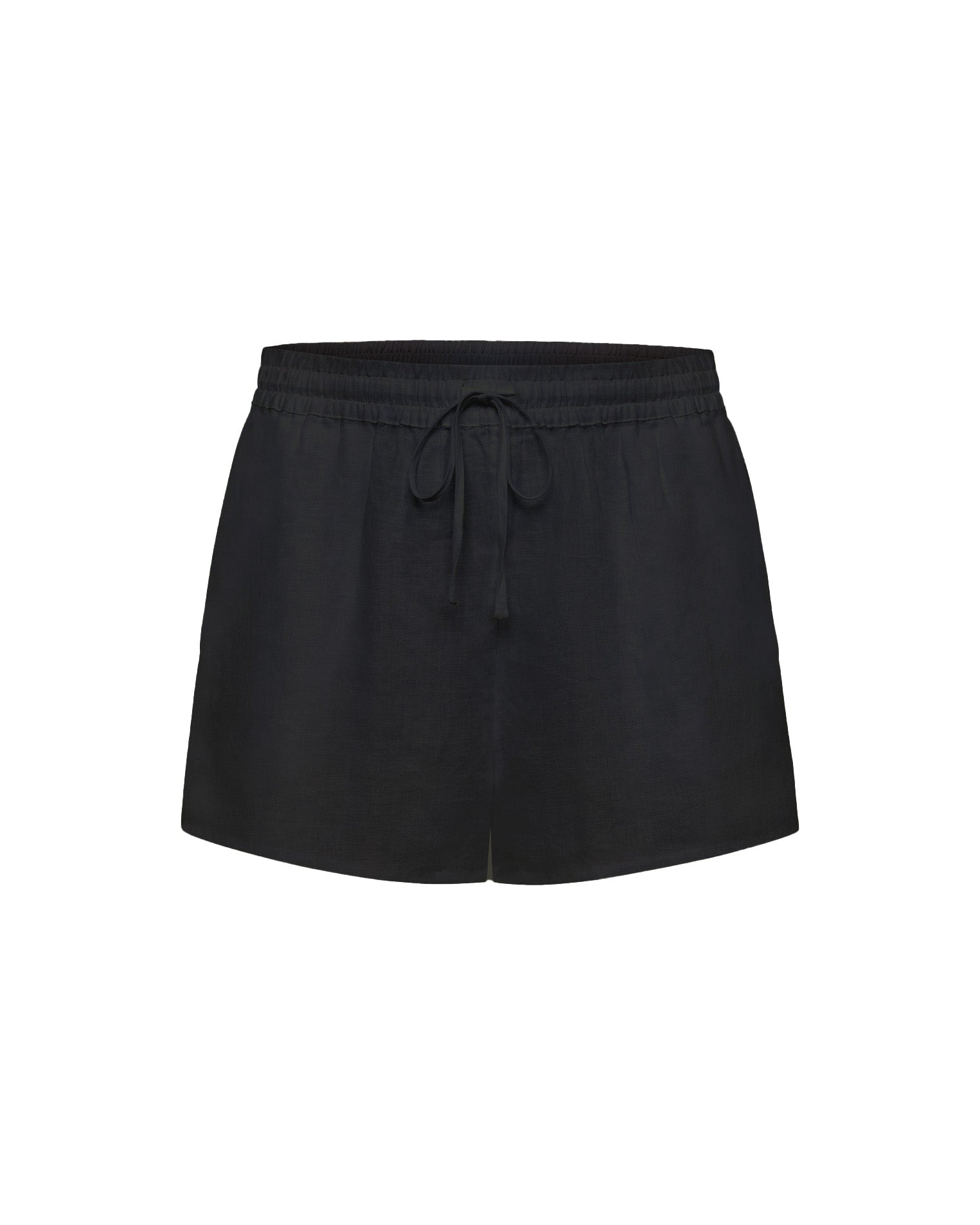 Rio Short - Black Off-model flat lay of the LSPACE Rio Short in black linen with a drawstring waist.