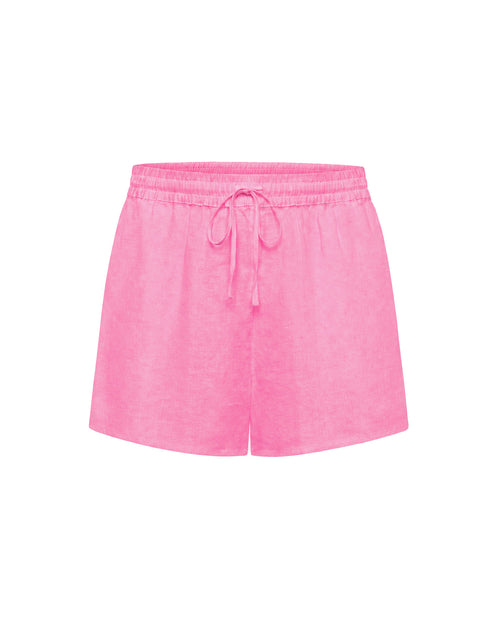 Off-model view of the LSPACE Rio Short in hottest pink, displayed flat against a white background to show the elastic drawstring waistband and relaxed linen silhouette.